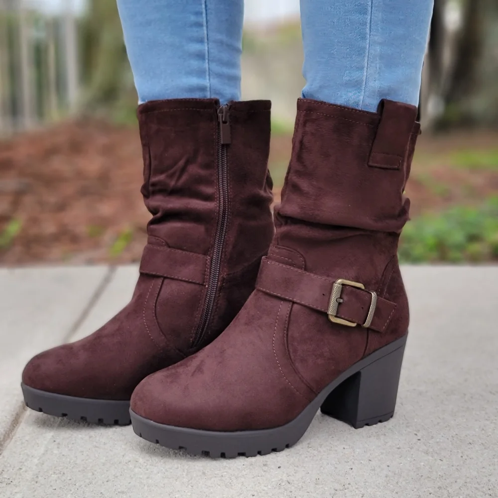 Women's Brown Chelsea Chunky Block High Heel Above Ankle Boots - Picture 6 of 6